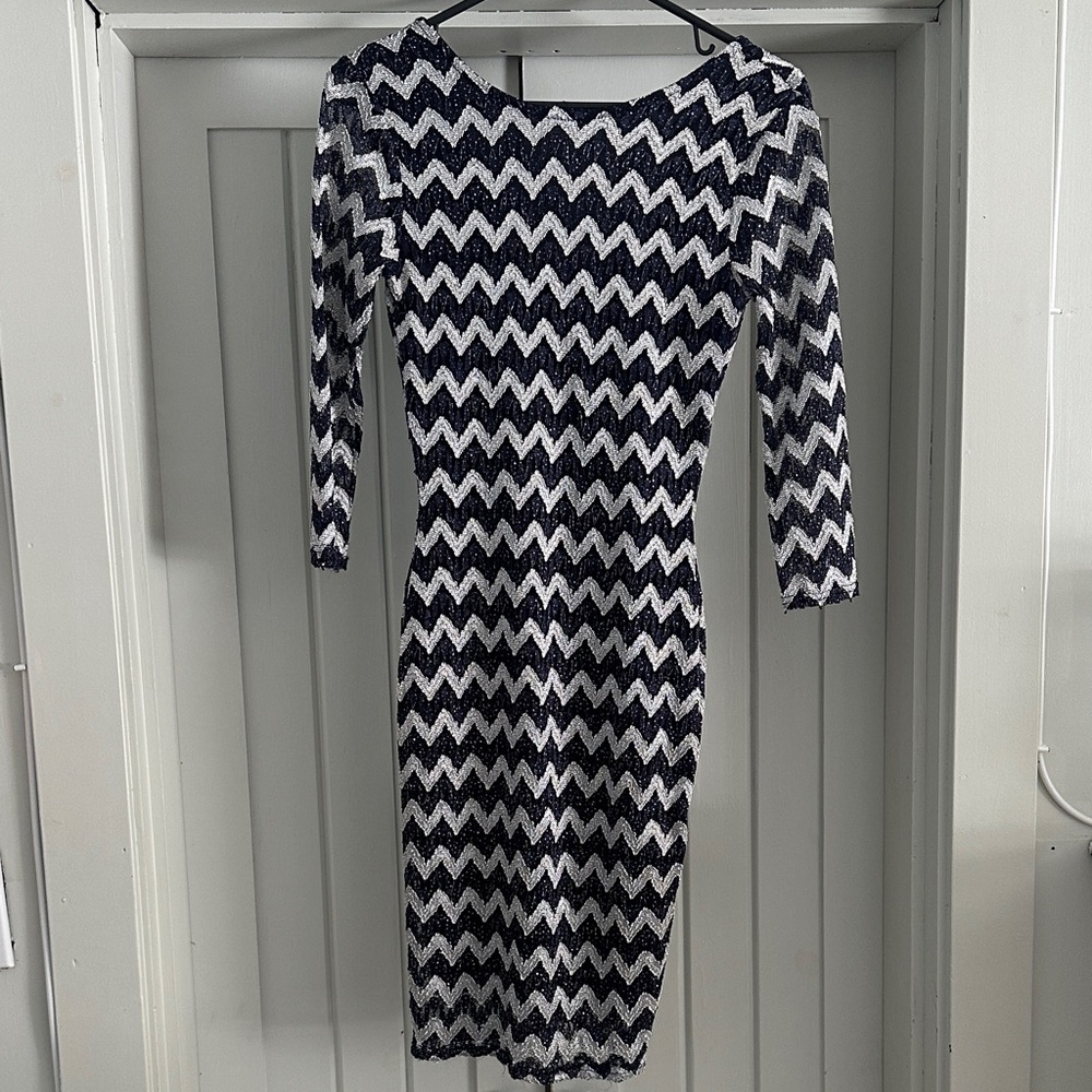 Chevron Patterned Blue, White and Silver Dress
